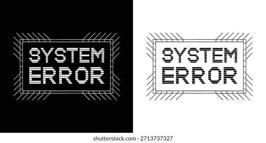 Das Retro-Warnzeichen für digitale Störungen mit den Wörtern Systemfehler in einer stilisierten segmentierten Schriftart auf kontrastierenden schwarz-weißen Hintergründen zeigt eine deutliche visuelle Darstellung 
