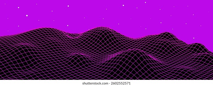 Retro digital landscape wireframe grid background. Mountain futuristic tech retro digital landscape data.