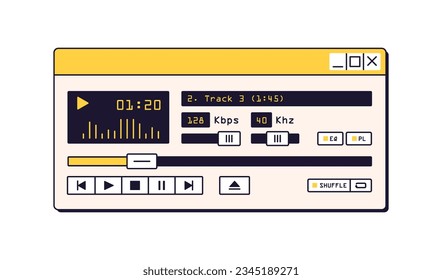 Retro digital music mp3 player, window UI in 90s style. Audio playing software interface. Old nostalgia program with tune track, buttons, sliders. Flat vector illustration isolated on white background