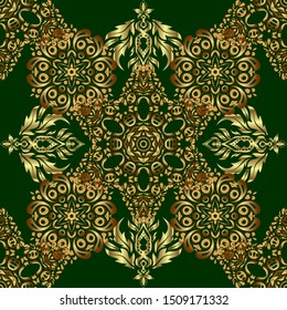 Retro digital paper. Vector seamless geometrical patterns. Vintage textures. Decorative background for cards, invitations, web design in green and golden colors.