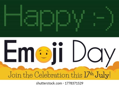 
Retro digital screen with pixel emoticon of grinning face and modern smiling face promoting Emoji Day celebration this 17th July.