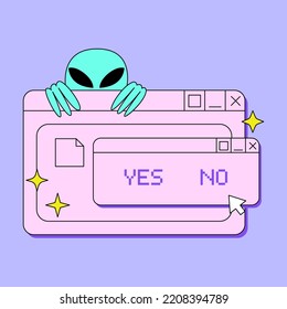 Retro digital screen user interface in y2k style. Old computer window with alien and pixel words yes and no. Vector illustration in retrowave aesthetic