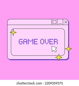 Retro digital screen user interface in y2k style. Old computer window with pixel text game over, arrow and stars. Vector illustration in retrowave aesthetic