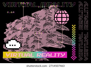 Ilustração vetorial digital retrô com formas de wireframe cor-de-rosa, ícones de pixel e texto de néon em um plano de fundo preto. Ilustração vetorial conceitual para temas de realidade virtual, tecnologia e jogos.