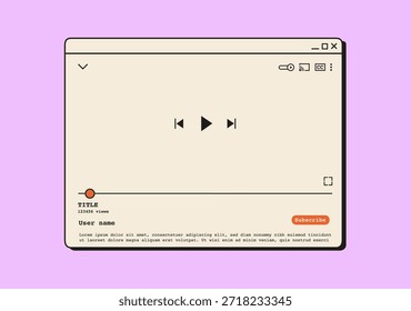 Video Ventana retro digital del reproductor con línea de tiempo de reproducción, Botones de control y Elementos de interfaz de usuario. Marco de medios emergente de computadora de los años 90 para transmitir o ver contenido. Ilustración vectorial de estilo plano