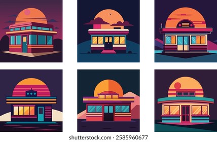a retro diner glowing under neon lights with a sun