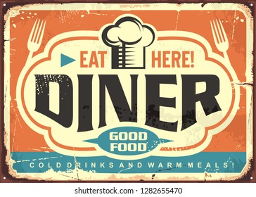 Retro diner restaurant tin sign design with chef hat, forks and creative lettering. Good food, cold drinks and warm meal vintage vector poster graphic template. 
