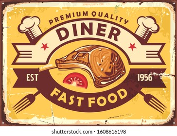 Retro Diner Sign With Lamb Steak, Slice Of Tomato, Chef Hat And Fork On Old Yellow Background. Restaurant Promo Poster. Vector Fast Food Menu Illustration.