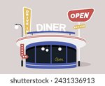 Retro Diner at Twilight, A Beacon of Americana, A charming restaurant welcomes guests with neon signs