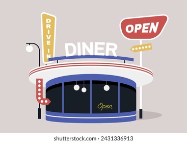 Retro Diner at Twilight, A Beacon of Americana, A charming restaurant welcomes guests with neon signs