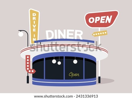 Retro Diner at Twilight, A Beacon of Americana, A charming restaurant welcomes guests with neon signs