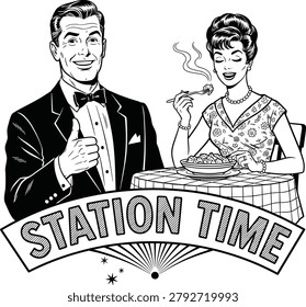 Retro Dining and Broadcasting Illustration Featuring Elegant Couple Restaurant Scene with Vintage Station Announcement Typography