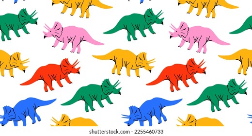 Retro dinosaur doodle seamless pattern illustration. Colorful 90s style dinosaurs background for educational concept or children toy print. Triceratops repeat texture wallpaper art.