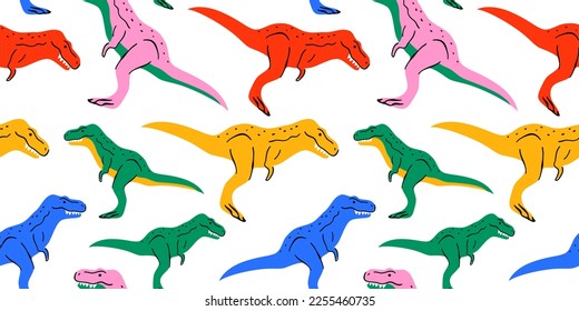 Retro dinosaur doodle seamless pattern illustration. Colorful 90s style dinosaurs background for educational concept or children toy print. Tyrannosaurus rex repeat texture wallpaper art.