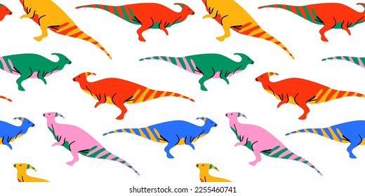 Retro dinosaur doodle seamless pattern illustration. Colorful 90s style dinosaurs background for educational concept or children toy print. Parasaurolophus repeat texture wallpaper art.