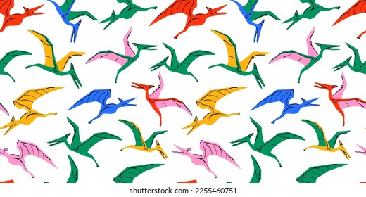 Retro dinosaur doodle seamless pattern illustration. Colorful 90s style dinosaurs background for educational concept or children toy print. Pterodactyl repeat texture wallpaper art.