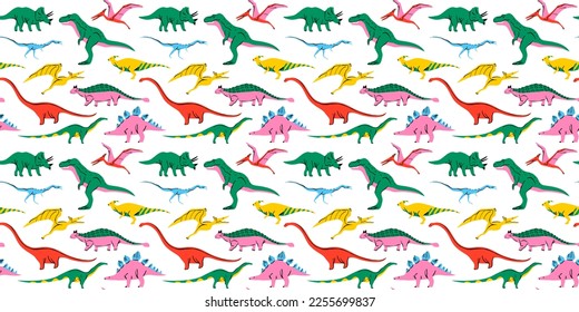 Retro Dinosaurier Doodle nahtlose Mustergrafik. Farbige Dinosaurier im Stil der 90er Jahre, die für ein pädagogisches Konzept oder Kinderspielzeug-Druck stehen. T-rex, Triceratops, Pterodactyl und mehr Tiere.