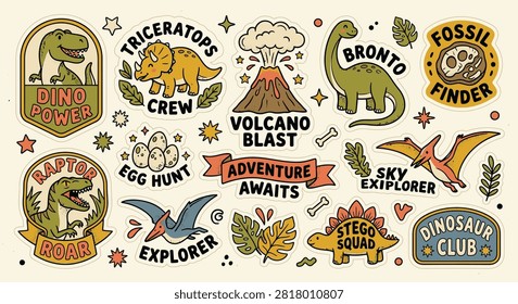 Retro dinosaur sticker sheet featuring colorful die-cut illustrations of T-Rex, Triceratops, and Stegosaurus. Includes vintage typography, volcanoes, fossils, and adventure quotes with a hand-drawn feel.