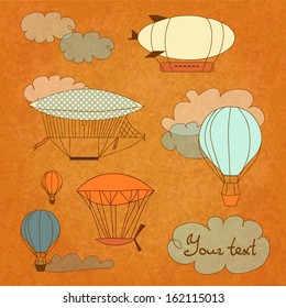 Retro dirigible card. Baby shower invitation. Vector illustration