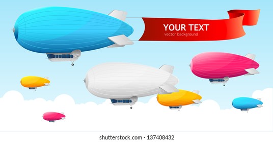 Retro dirigible and flags background. Vector illustration