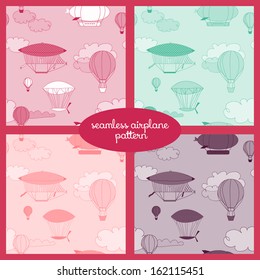 Retro dirigible seamless pattern set. pink, blue. Vector illustration