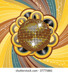 retro disco ball background with vinyl discs