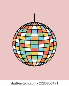 Retro disco ball concept. Event and party equipment. Dancing to music, light. Entertainment, fun and pleasure in nightclub. Vintage social media sticker. Cartoon flat vector illustration