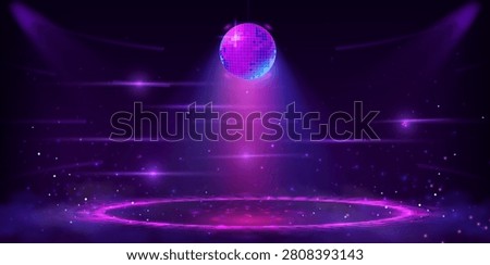  Retro disco ball illuminating dance floor. Vector realistic illustration of night club interior with sparkling mirror tile reflection on wall, glitter particles in air, 70s fun vibe, music show design