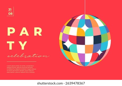 Retro disco ball shines at dance party night. Flat vector design with mirror globe, glitter light and groovy 70s vibe. Perfect for nightclub posters, concert flyers or funky event banners.