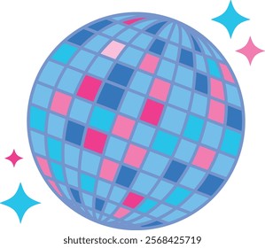 Retro disco ball with stars. Illustration of vintage dance object isolated on white 
