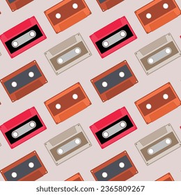 Retro disco cassettes tape seamless pattern in pastel color. Radio audio records diverse old music.