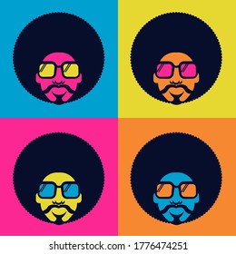 Retro Disco Dance Poster 70s. Vector Bright Color Portrait Man With Retro Sunglasses