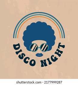 Retro Disco. Groovy Retro disco logo. Trendy hipster design. Vintage 70s Disco logo with woman in sunglasses. Vector Print for T-shirt, typography.