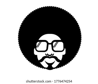 Retro Disco Man 70s Hairstyle. Vector Black Silhouette Portrait Man With Retro Sunglasses Isolated On White