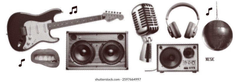 Retro disco Music karaoke halftone collage elements set. Metallic microphone, headphones, mouths, speakers. Trendy nostalgic dotted grunge vector illustration