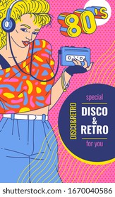Retro disco music party bright poster background with fashion young woman listening music on vintage cassette player, cartoon sketch vector illustration.