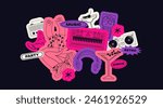 Retro disco party 90s stickers. Trendy patches, labels, logos for a fun music party. Vinyl, musical instruments, cocktails drawn in doodle groovy style