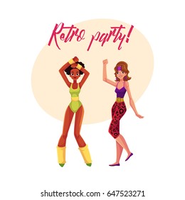 Retro disco party banner, invitation with two girls in 1980s style aerobic outfit, cartoon vector illustration. 80s style retro disco party invitation banner, poster layout with two aerobics girl