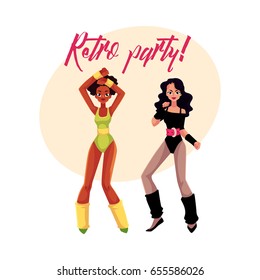 Retro disco party banner, invitation with two girls in 1980s style aerobic outfit, cartoon vector illustration. 80s style retro disco party invitation banner, poster layout with two aerobics girl