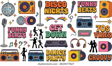 Retro disco party collection illustration, seventies music dance and vintage entertainment elements set, colorful vector bundle design