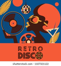 Retro disco party. A colorful poster, a poster in a retro style. Beautiful black girl in sunglasses holding vinyl record.