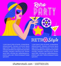 Retro disco party. A colorful poster, a poster in a retro style. A beautiful girl in a hat and sunglasses holds a cocktail.