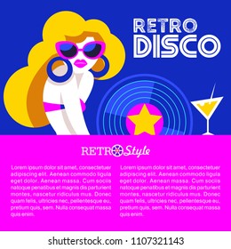 Retro disco party. A colorful poster, a poster in a retro style. Beautiful girl in sunglasses holding vinyl record.