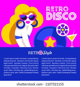 Retro disco party. A colorful poster, a poster in a retro style. Beautiful girl in sunglasses holding vinyl record.