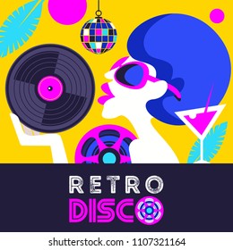 Retro disco party. A colorful poster, a poster in a retro style. Beautiful girl in sunglasses holding vinyl record.