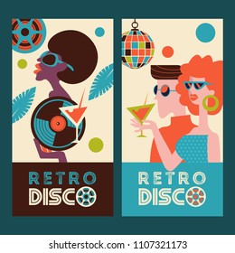 Retro disco party. A colorful poster, a poster in a retro style. Beautiful black girl in sunglasses, vinyl record. Couple guy and girl at the disco.