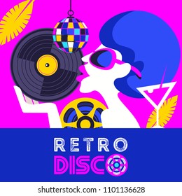 Retro disco party. Colorful vector illustration, poster. Beautiful black girl with vinyl record in hand.