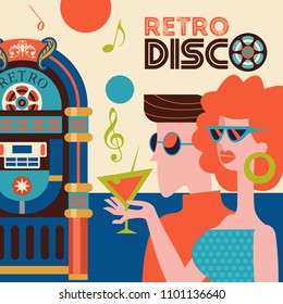 Retro disco party. Colorful vector illustration, poster. Couple guy and girl with a cocktail. Old jukebox.