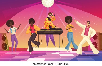 Retro disco party fun background with people dancing flat vector illustration