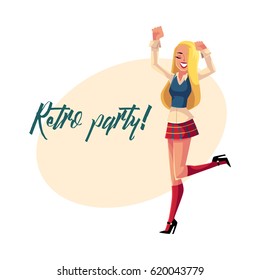 Retro disco party invitation, poster template, layout with woman in 1990s style clothes, checkered mini skirt, cartoon vector illustration. Nineties style disco party invitation banner poster template